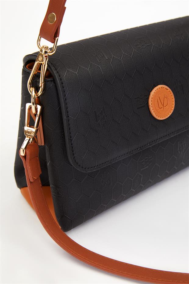 Siyah - Camel Petek Desen Baget El Çantası