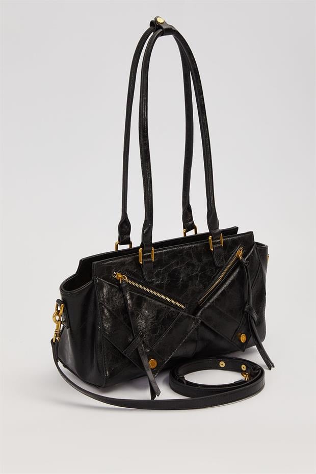 Siyah Çapraz Fermuar Detaylı Omuz Çantası