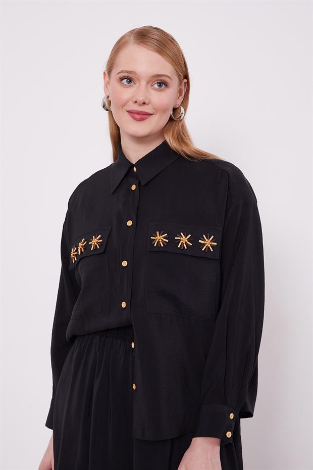 Siyah Cep Boncuk Papatya Detaylı Etek Takım