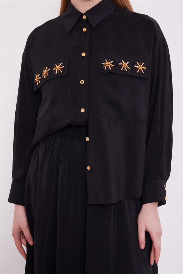 Siyah Cep Boncuk Papatya Detaylı Etek Takım