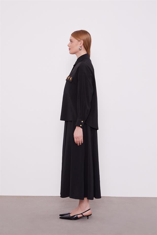 Siyah Cep Boncuk Papatya Detaylı Etek Takım