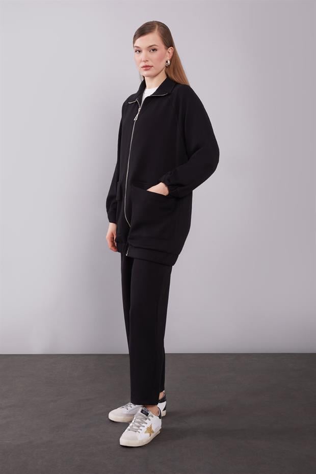 Siyah Cep Detaylı Fermuarlı İkili Takım