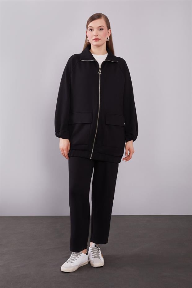 Siyah Cep Detaylı Fermuarlı İkili Takım
