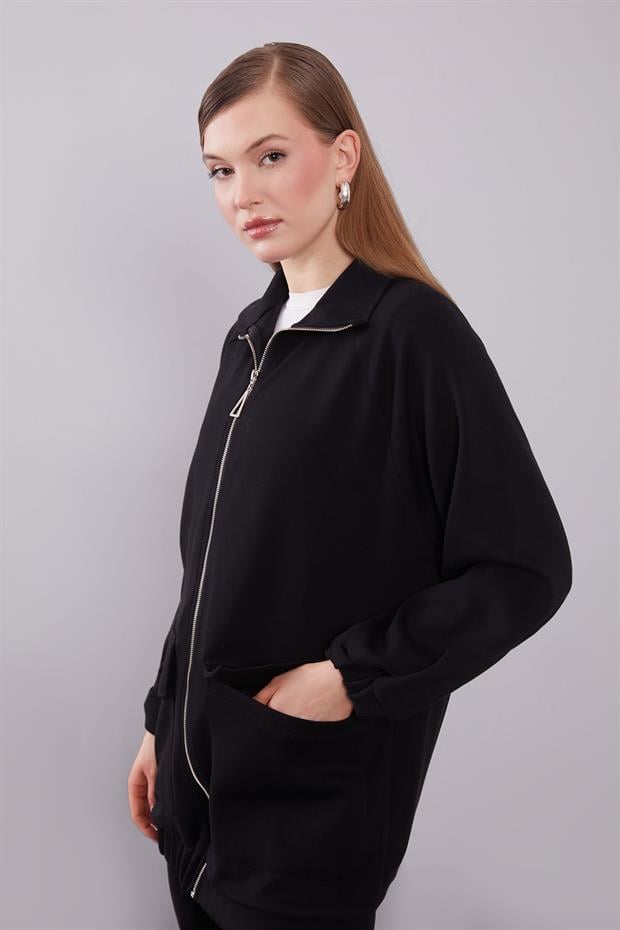 Siyah Cep Detaylı Fermuarlı İkili Takım