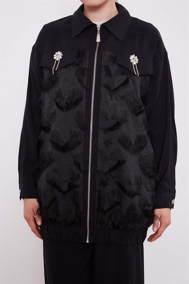 Siyah Cep Kapakları Taş Detaylı İkili Takım