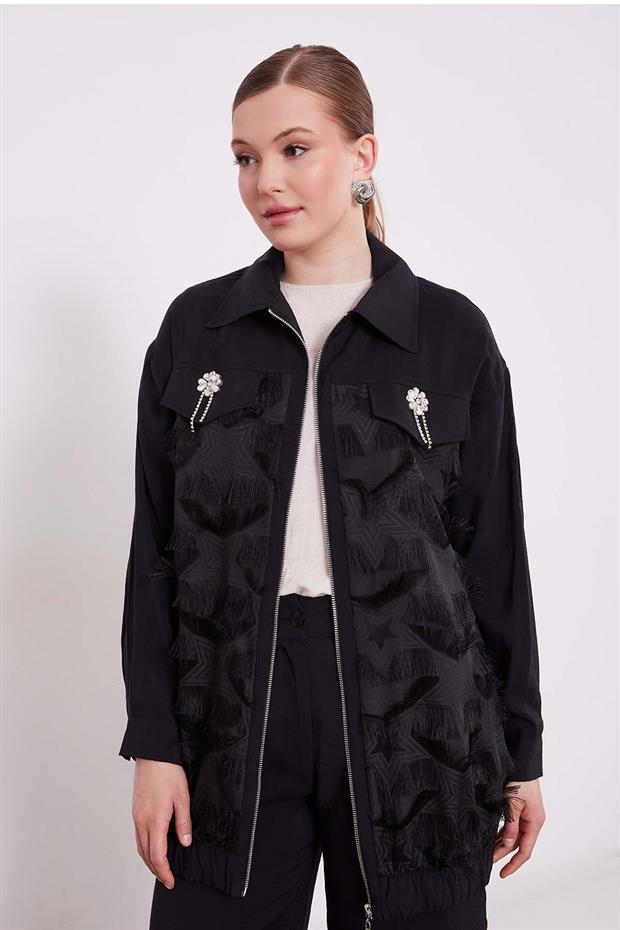 Siyah Cep Kapakları Taş Detaylı İkili Takım