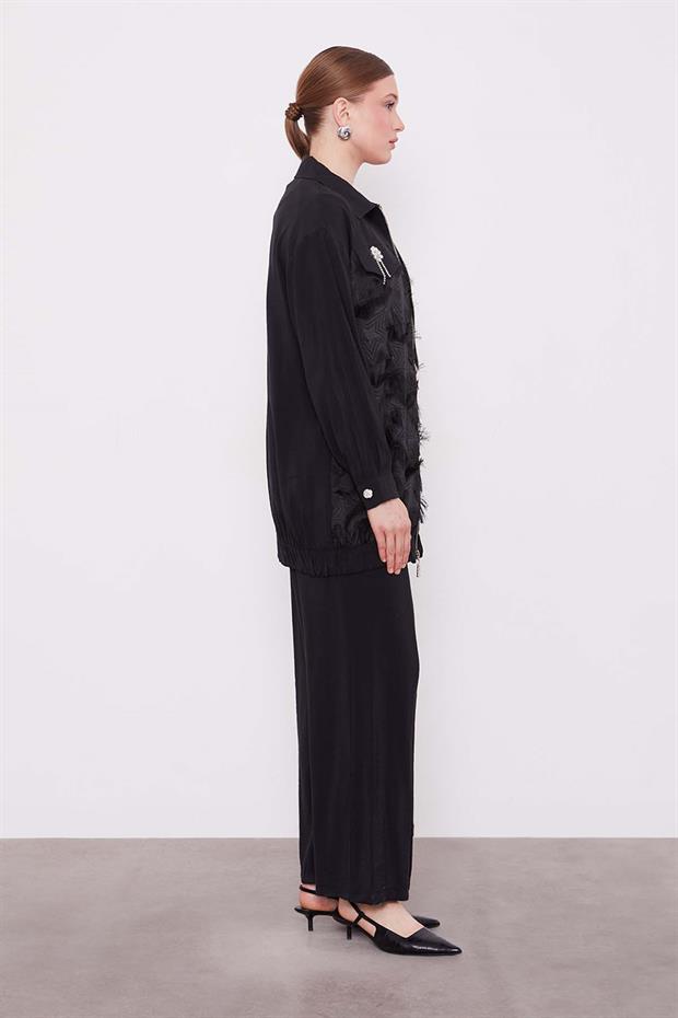 Siyah Cep Kapakları Taş Detaylı İkili Takım