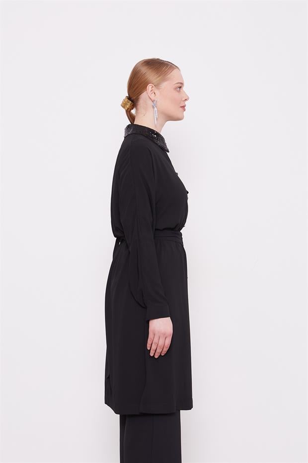 Siyah Cep Ve Yaka Payet Detaylı Tunik