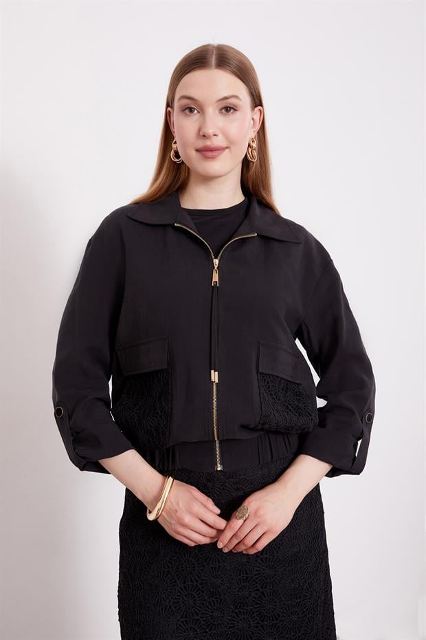 Siyah Çiçek Dantelli Etek Takım