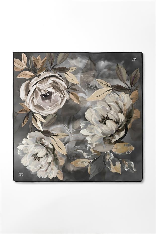 Siyah Çiçek Desenli Twill İpek Eşarp