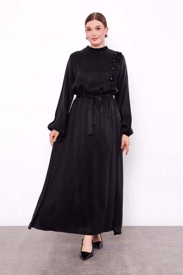 Siyah Çiçek Taş Detaylı Cupra Elbise