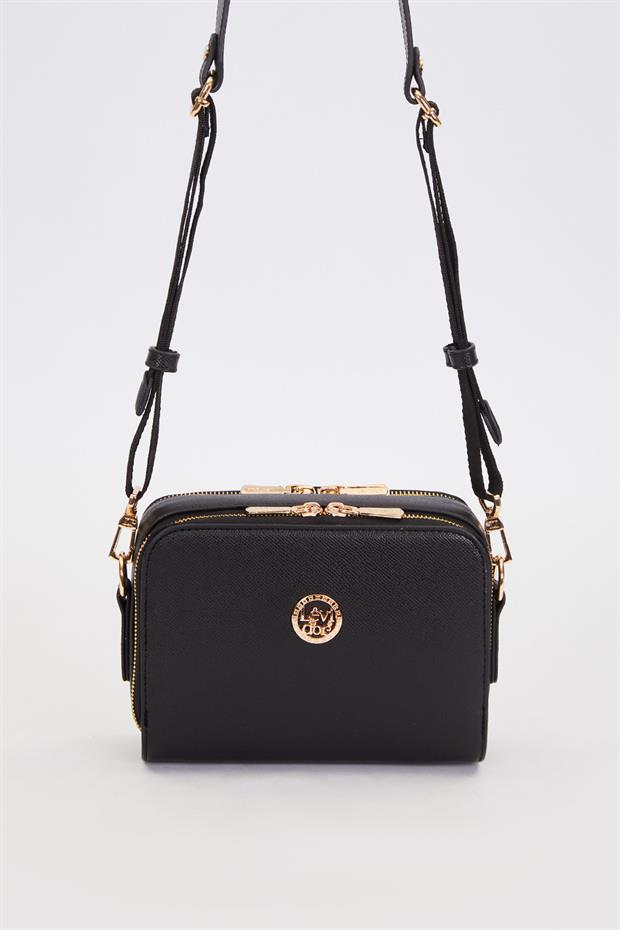 Siyah Çift Fermuarlı Ayarlanabilir Omuz Çantası