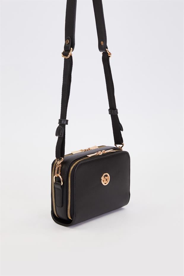 Siyah Çift Fermuarlı Ayarlanabilir Omuz Çantası