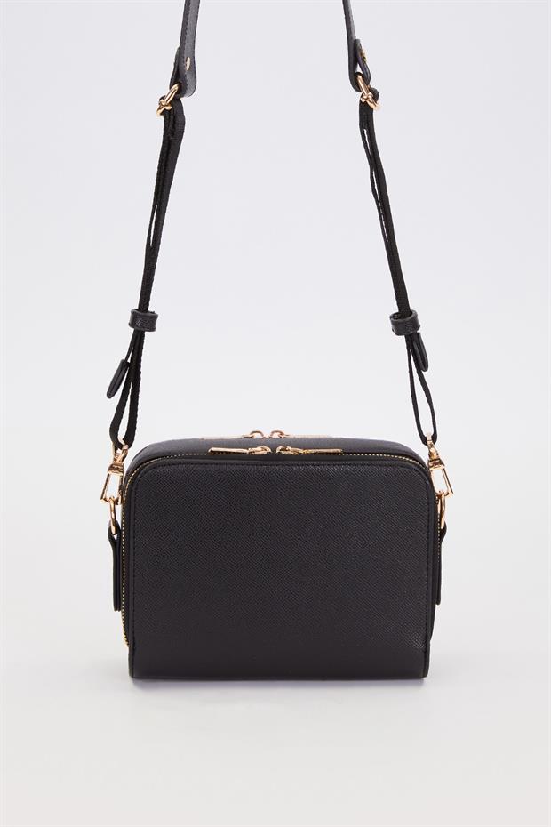 Siyah Çift Fermuarlı Ayarlanabilir Omuz Çantası