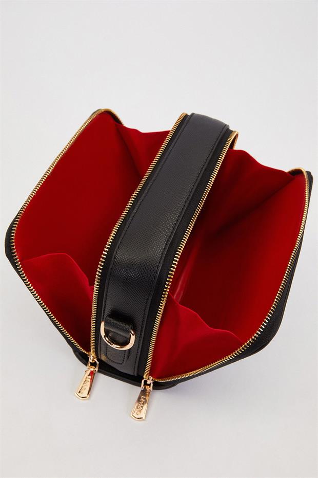 Siyah Çift Fermuarlı Ayarlanabilir Omuz Çantası