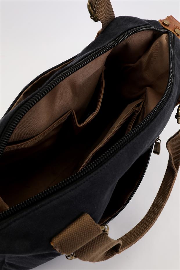 Siyah Çift Fermuarlı Kumaş Askılı El Çantası