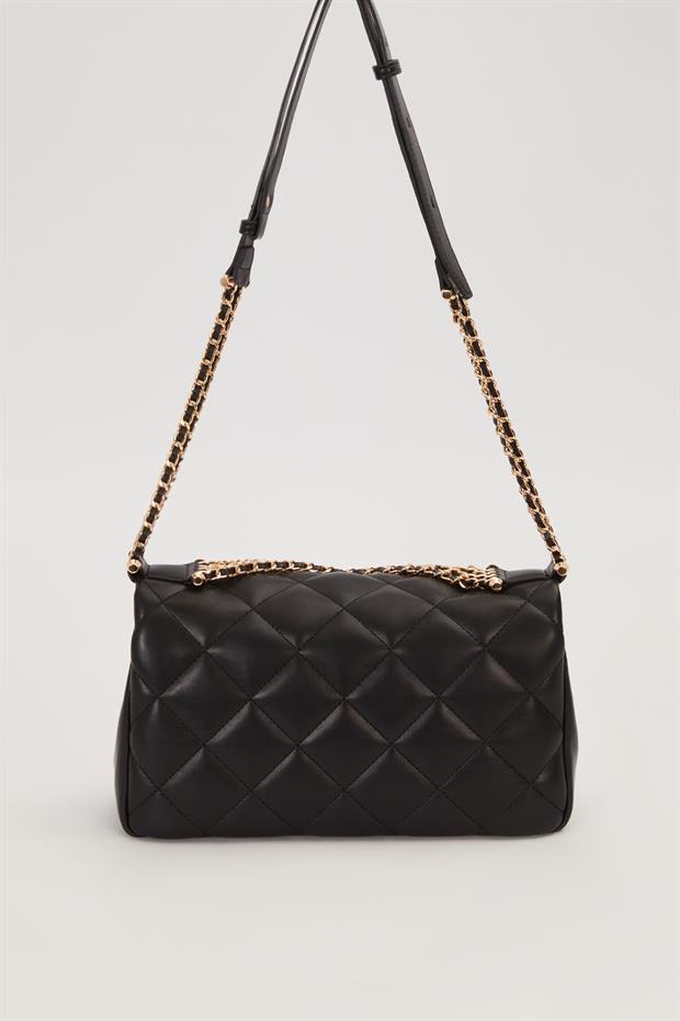 Siyah Çift Zincirli Kapitone Omuz Çantası