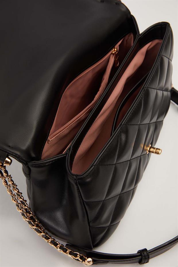 Siyah Çift Zincirli Kapitone Omuz Çantası