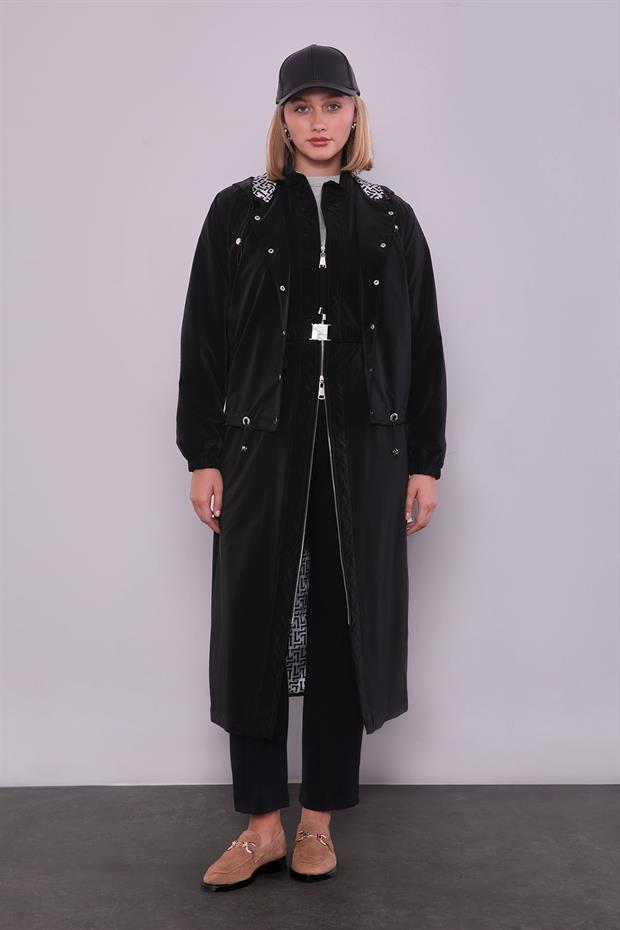 Siyah Çıkarılabilir Detaylı Trençkot