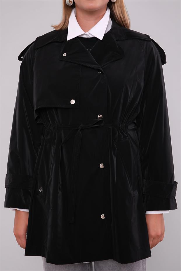 Siyah Çıtçıt Kapamalı Kısa Trençkot