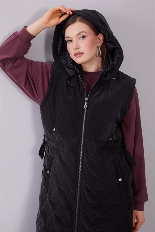 Siyah Çıtçıt Rüzgarlık Detaylı Şişme Yelek