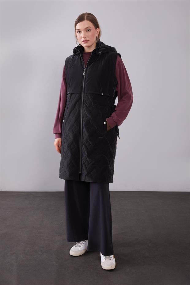 Siyah Çıtçıt Rüzgarlık Detaylı Şişme Yelek