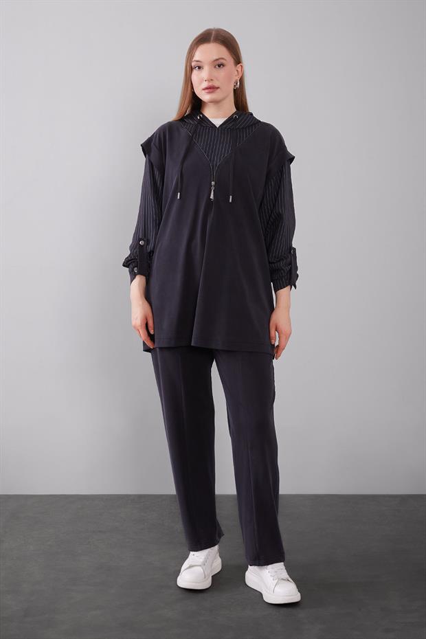 Siyah Çizgi Detaylı Kapüşonlu İkili Takım