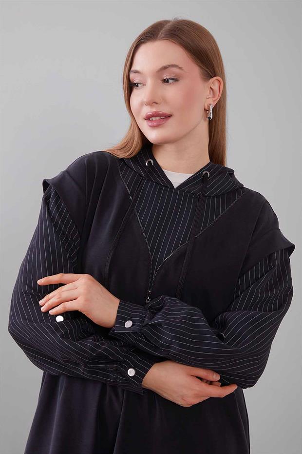 Siyah Çizgi Detaylı Kapüşonlu İkili Takım