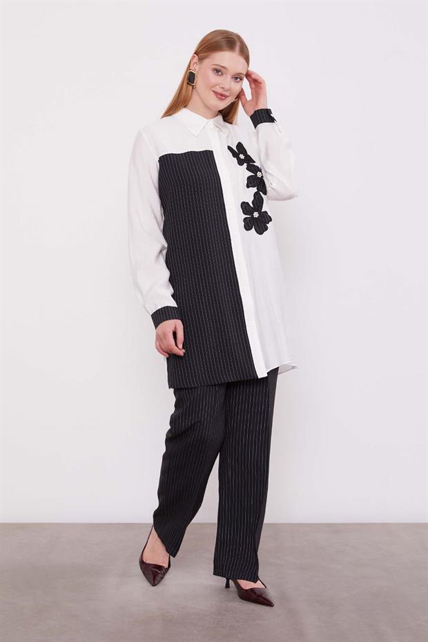 Siyah Çizgili Çiçek Desen İkili Takım