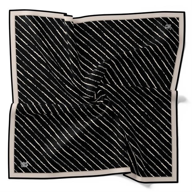 Siyah Çizgili Yazı Desen Twill İpek Eşarp