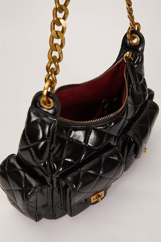 Siyah Çoklu Cep Bölmeli Omuz Çantası