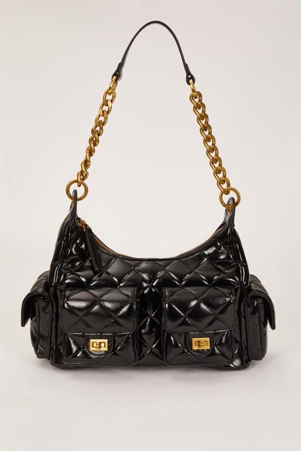 Siyah Çoklu Cep Bölmeli Omuz Çantası