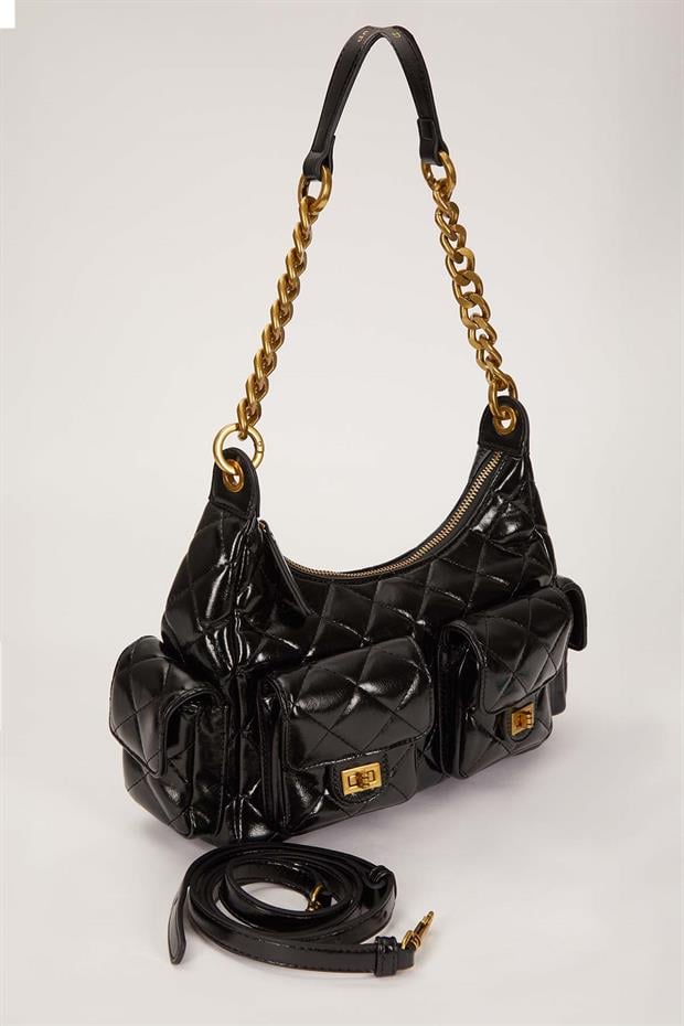 Siyah Çoklu Cep Bölmeli Omuz Çantası