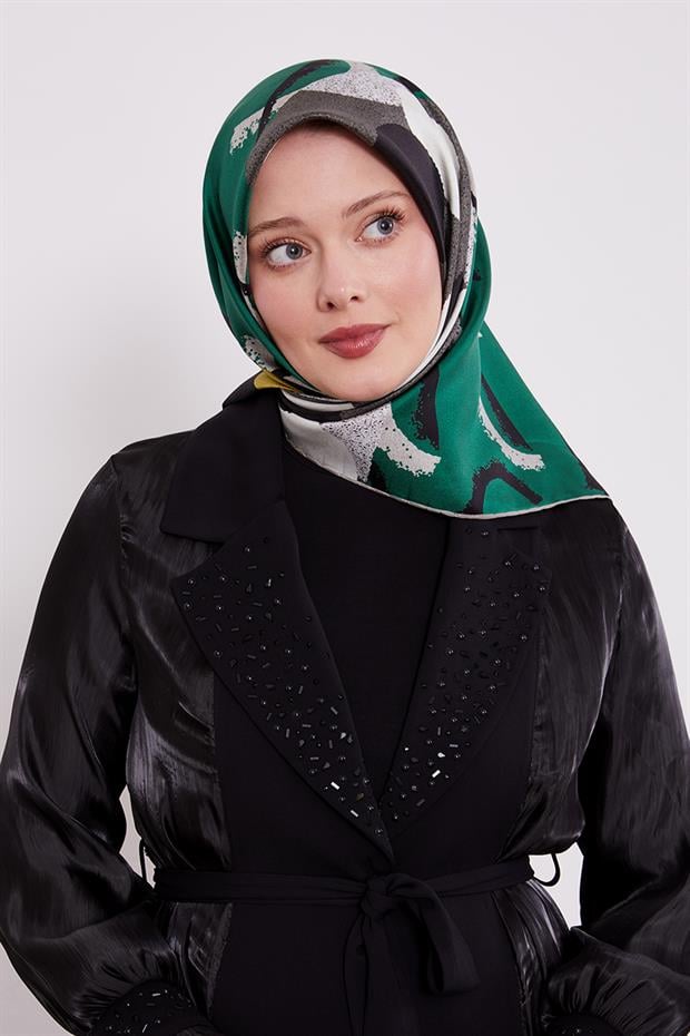 Siyah Yuvarlak Desen Twill İpek Eşarp