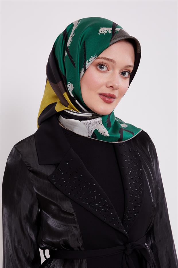 Siyah Yuvarlak Desen Twill İpek Eşarp