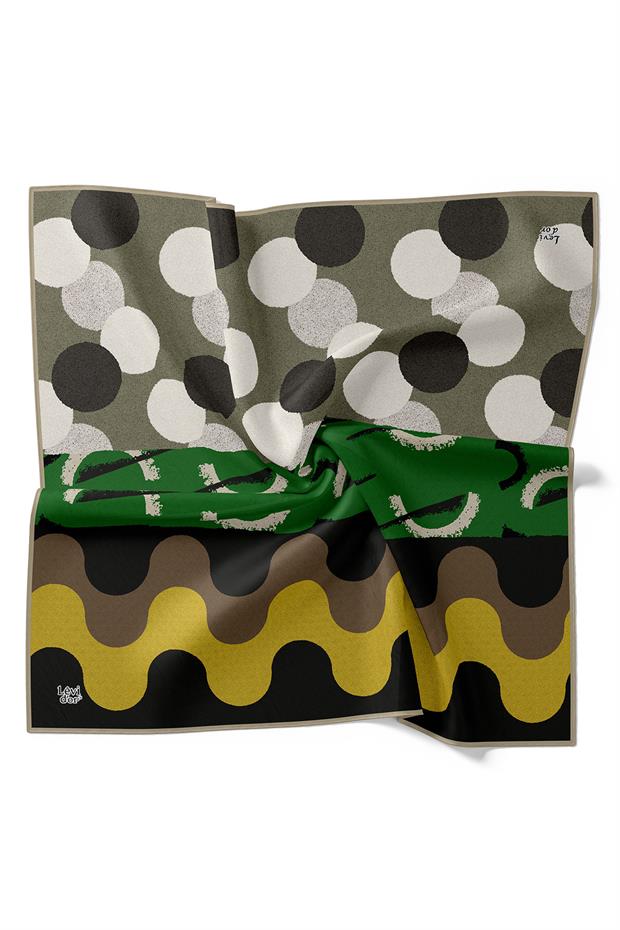 Siyah Yuvarlak Desen Twill İpek Eşarp