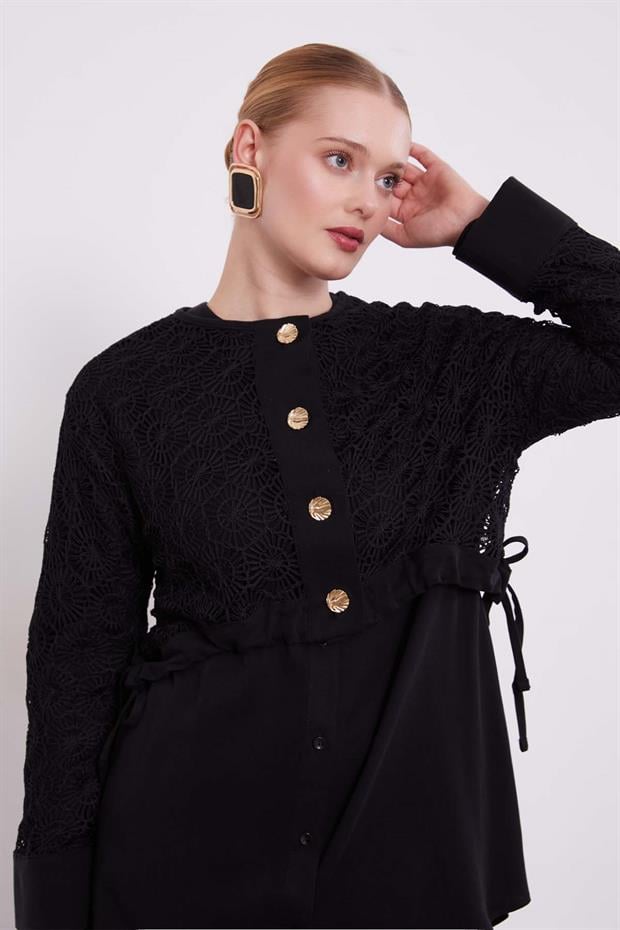 Siyah Dantel Detaylı Üçlü Tunik Takım