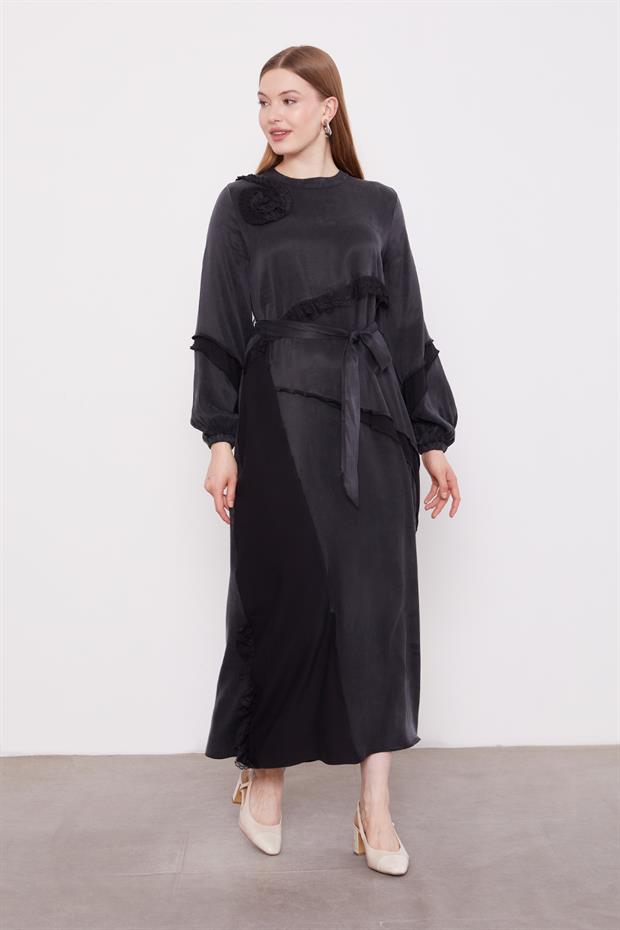 Siyah Dantel Şeritli Cupra Elbise