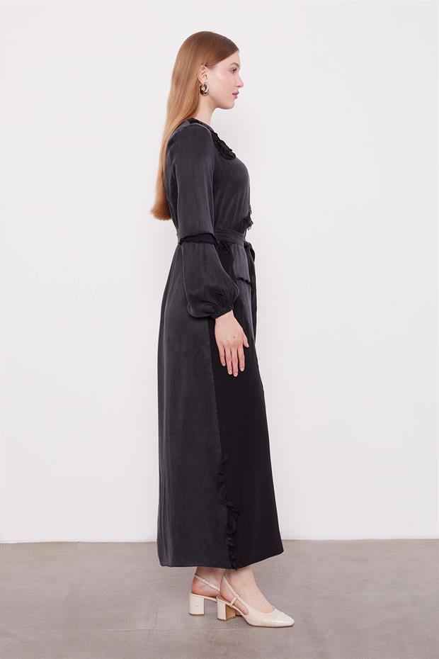 Siyah Dantel Şeritli Cupra Elbise