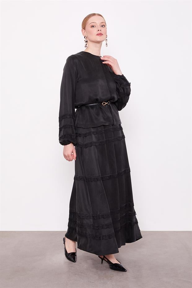 Siyah Dantel Şeritli Cupra Etek Takım