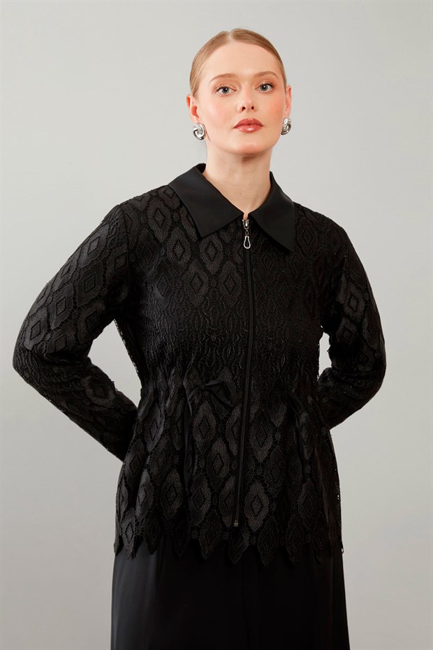 Siyah Dantelli Fermuar Detay Etek Takım