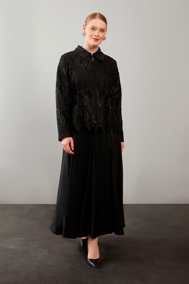 Siyah Dantelli Fermuar Detay Etek Takım