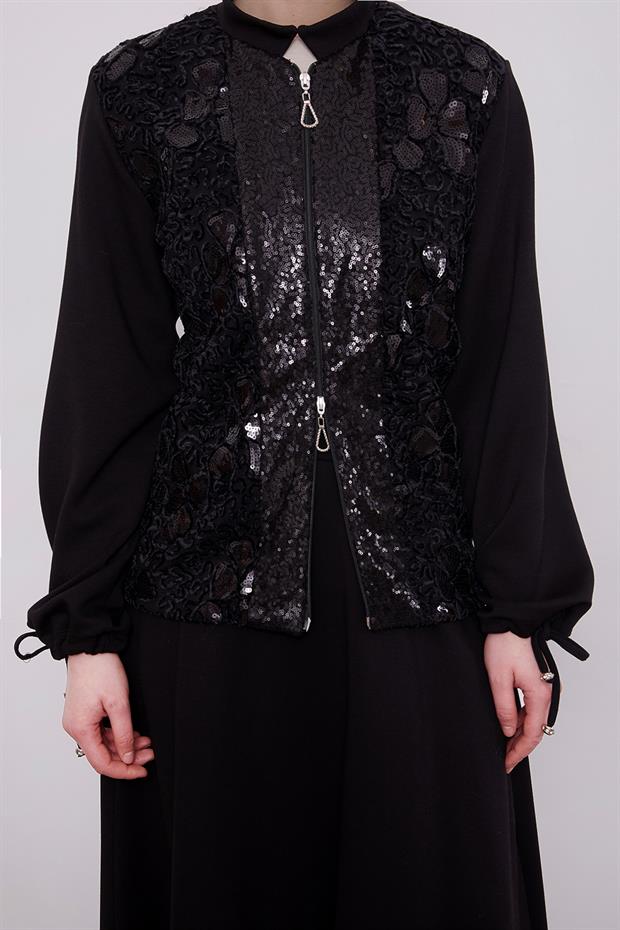 Siyah Dantelli Payet Detayı Etek Takım