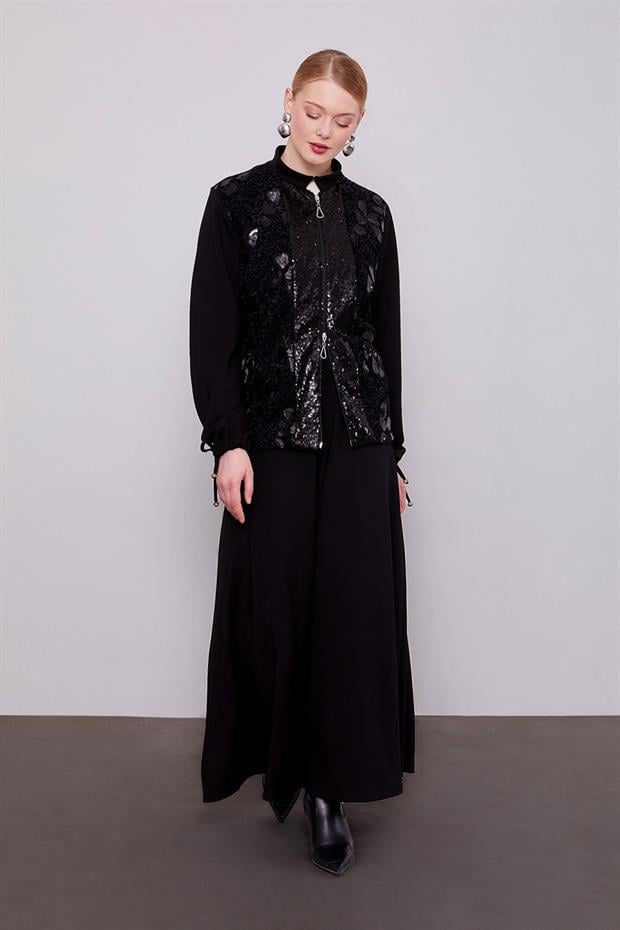 Siyah Dantelli Payet Detayı Etek Takım