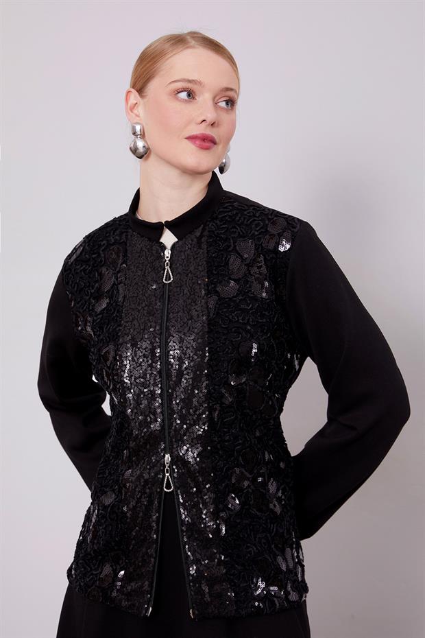 Siyah Dantelli Payet Detayı Etek Takım