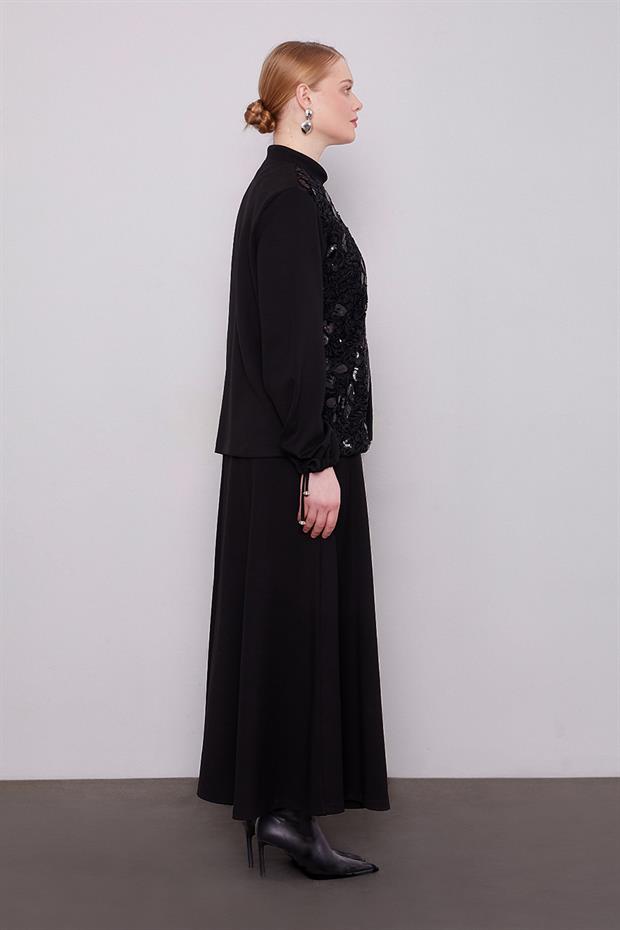Siyah Dantelli Payet Detayı Etek Takım