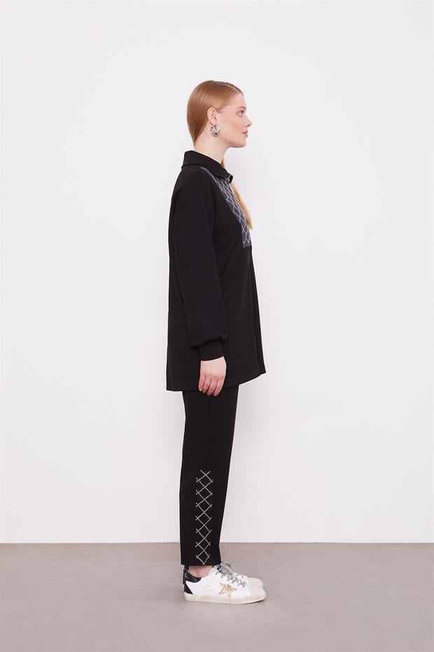 Siyah Denim Yaka Detaylı İkili Takım