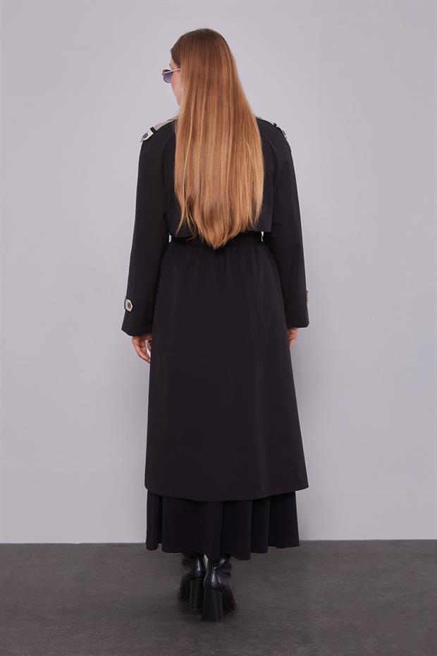 Siyah Deri Kumaş Detaylı Trençkot