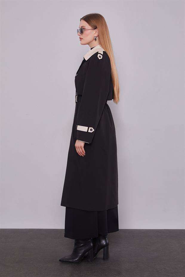 Siyah Deri Kumaş Detaylı Trençkot