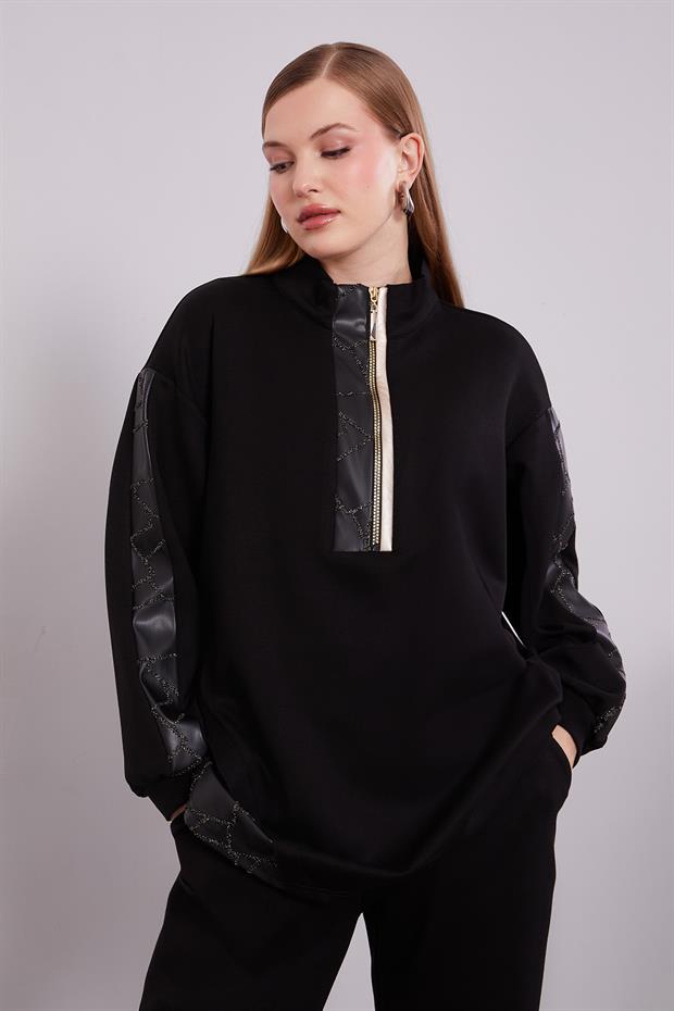 Siyah Simli Deri Detaylı İkili Takım